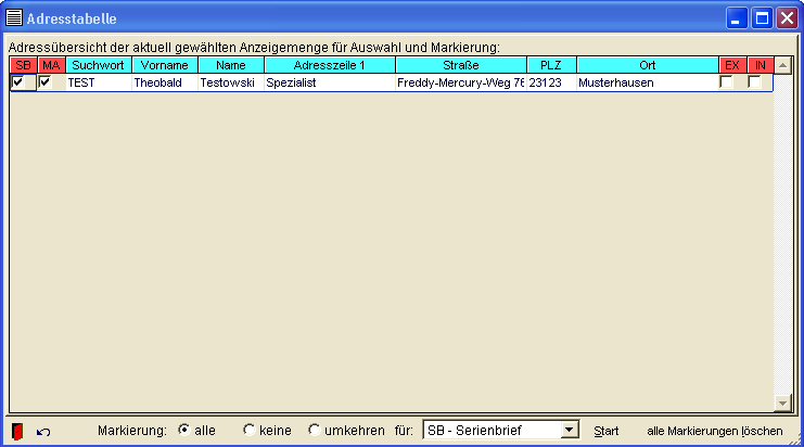 Tabelle der Adressen